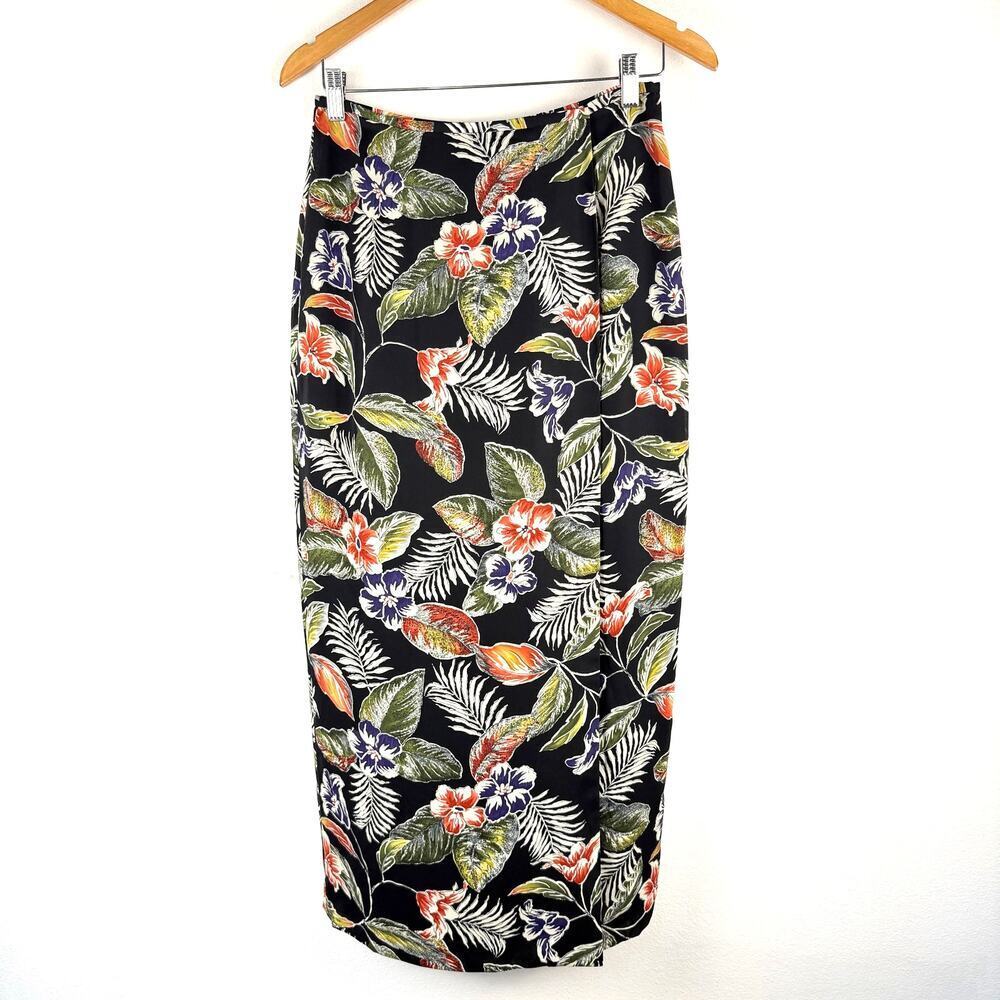 Vintage Josephine Chaus Tropical Print Black Faux Wrap Midi Skirt Women's 6